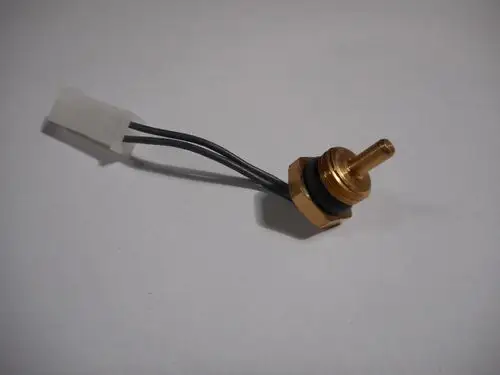 Einschraubfühler mit bronze-farbenem Gehäuse und zwei Kabeln, verwendet in Heizsystemen. Produkt von Remeha.